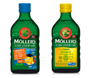 Moller's Cod Liver Oil Omega-3 aroma tutti-frutti 250 ml + Moller's Cod Liver Oil Omega-3 cu aroma de lamaie 250 ml