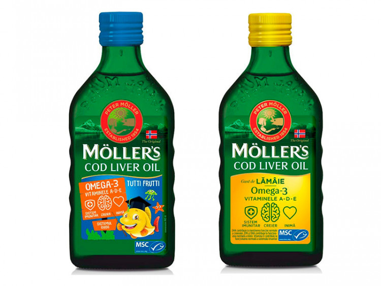 Moller's Cod Liver Oil Omega-3 aroma tutti-frutti 250 ml + Moller's Cod Liver Oil Omega-3 cu aroma de lamaie 250 ml - poza produsului